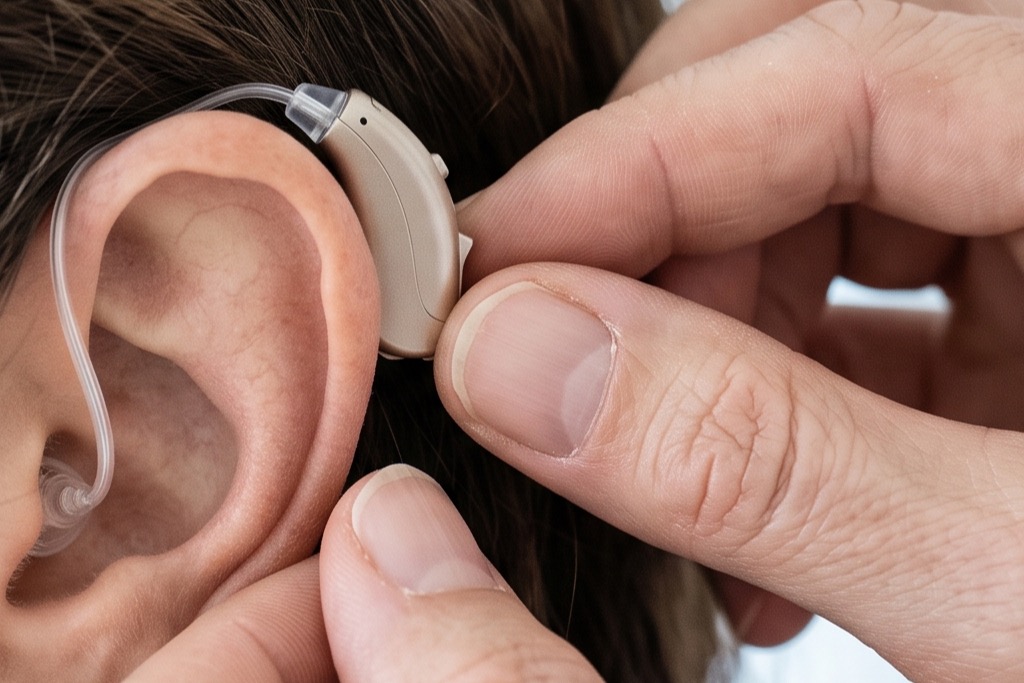 Pose d'un appareil auditif derrière l'oreille