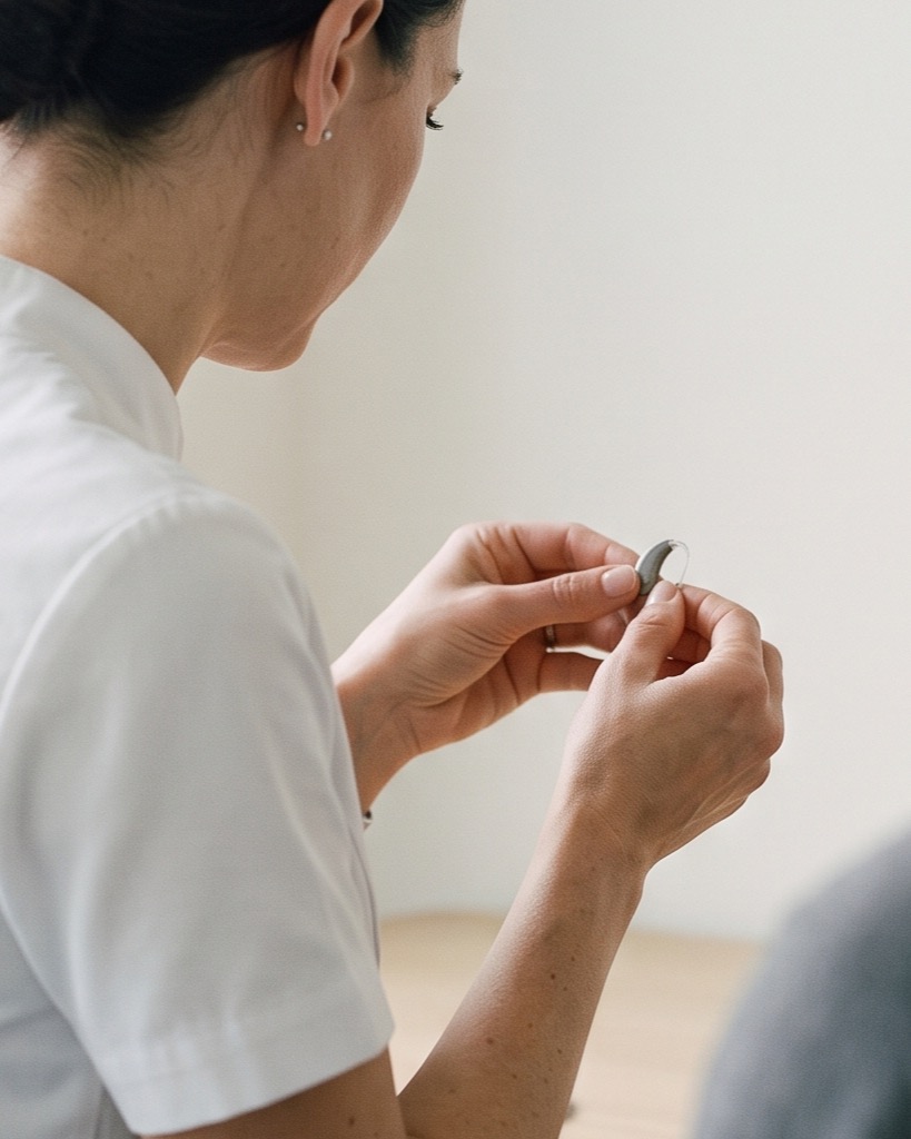 Audioprothésiste d'AudioLik réglant un appareil auditif en consultation