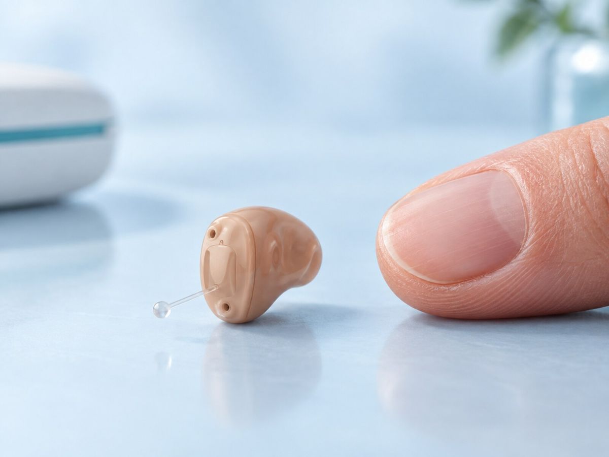 Minuscule appareil intra-auriculaire profond à côté du bout d’un doigt