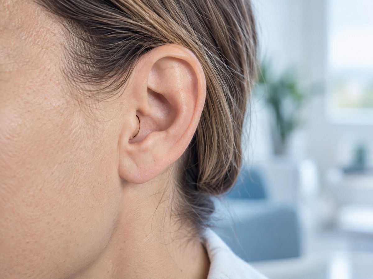 Oreille portant un appareil invisible logé au fond du conduit
