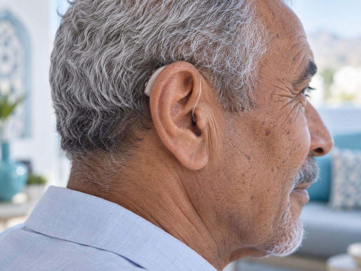 Homme marocain de profil portant un appareil à écouteur déporté très discret