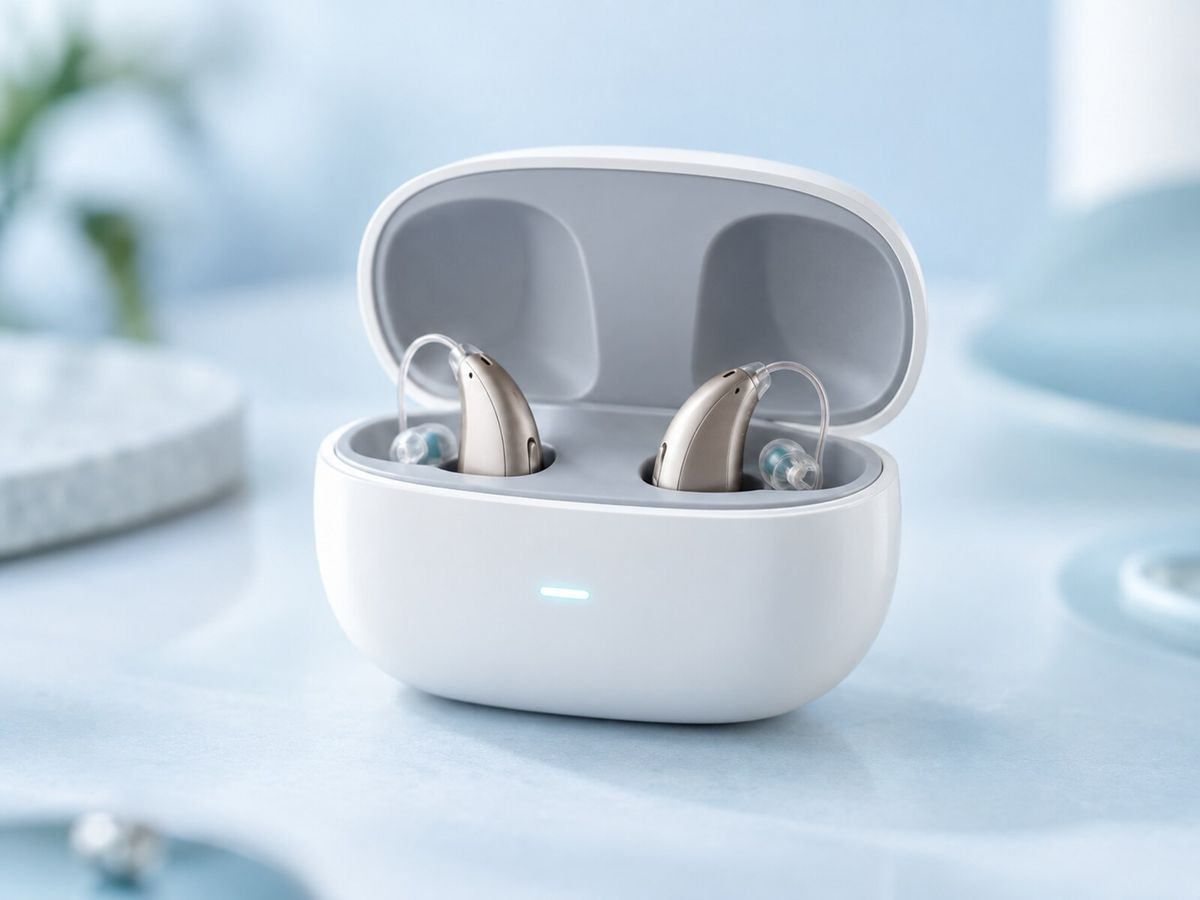 Deux appareils auditifs rechargeables posés dans leur boîtier de charge
