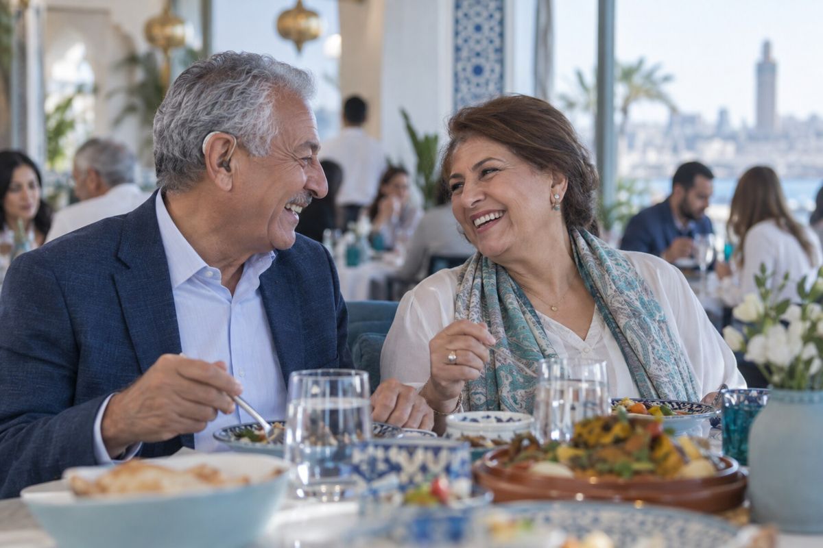 Un couple marocain qui discute et rit au restaurant malgré le bruit ambiant
