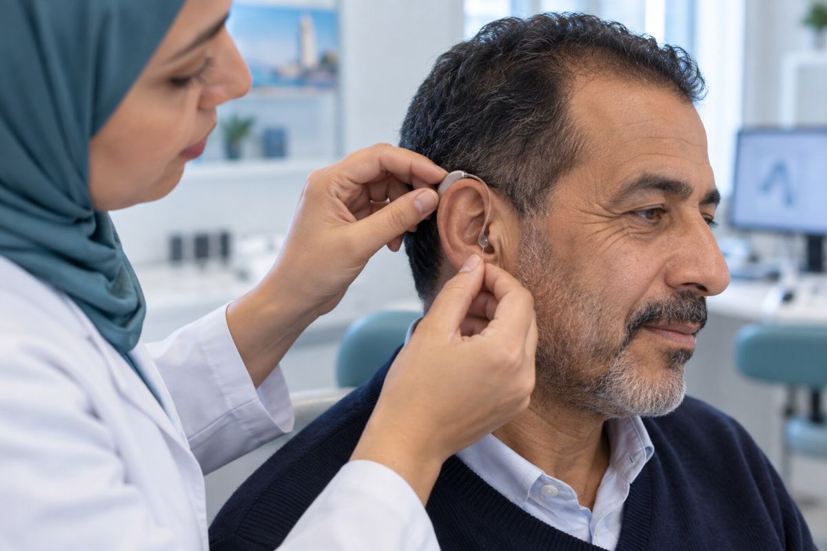 Pose d'un appareil auditif derrière l'oreille d'un patient