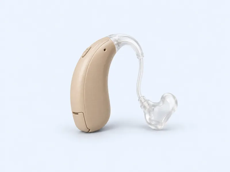 Contour d'oreille beige à pile, avec tube transparent et embout sur mesure