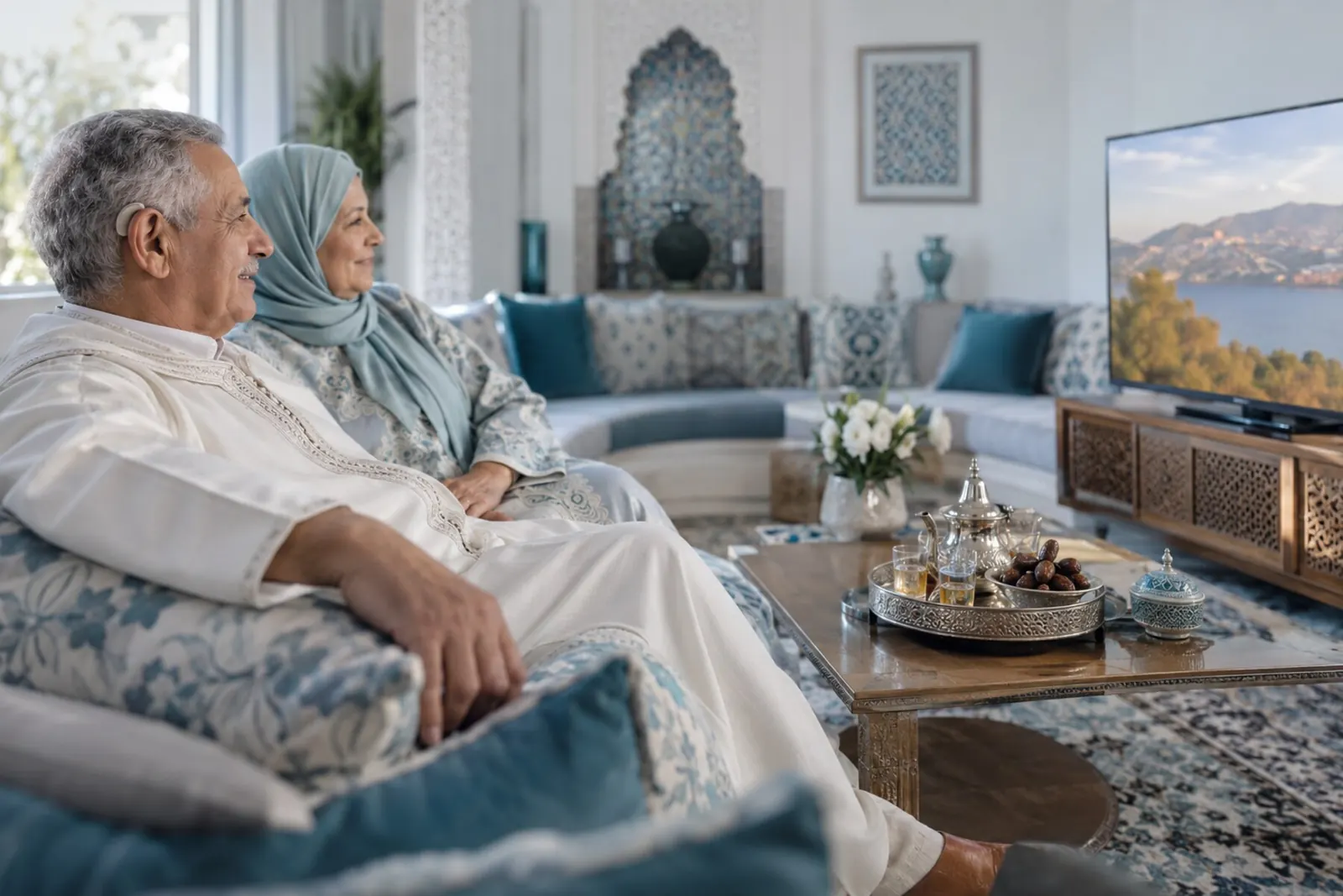 Un couple regarde la télévision dans un salon marocain