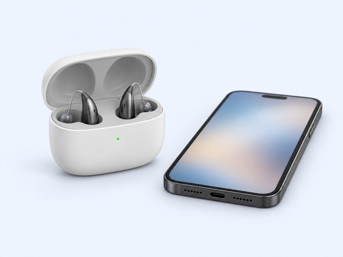 Deux appareils rechargeables dans leur boîtier de charge, à côté d’un smartphone